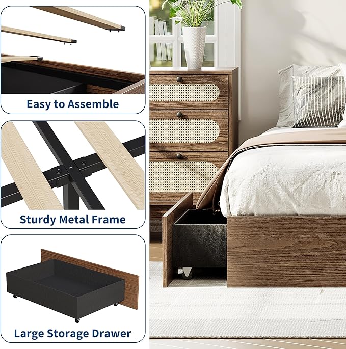 Garvee Twin Bed Frame with 2 Storage Drawers, Wood Platform Floor Bed Frame Without Headboard, Wood Slat Support, No Box Spring Needed, Easy Assembly