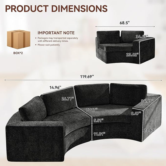 WUTUTUEE 119'' Curved Round Boneless Sofa, Oversized Modular Sectional Sofa with Deep Seat & Arms, Chenille Memory Foam Sofa with Pillows, Upholstered Comfy 4 Seat Couch for Living Room, Black