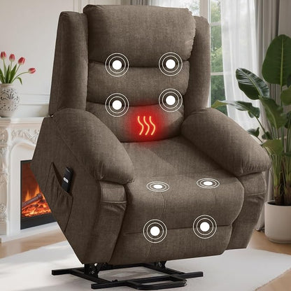 Korser Oversized Power Lift Recliner for Elderly, Electric Recliner Chairs with Massage and Heat, Extra Wide Recliner with Side Pockets, Reclining Chair for Living Room (Cashmere, Brown)