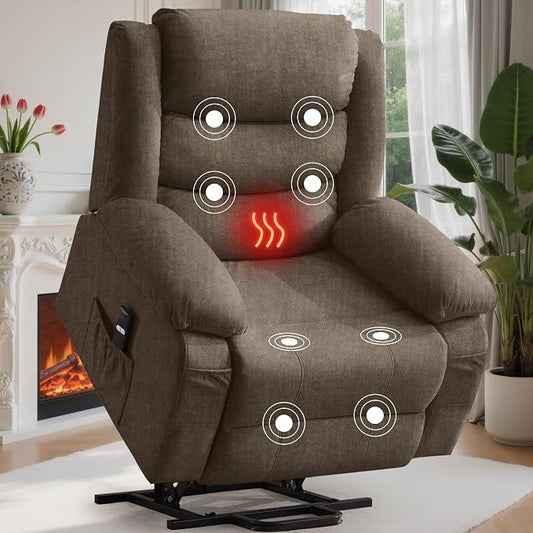 Korser Oversized Power Lift Recliner for Elderly, Electric Recliner Chairs with Massage and Heat, Extra Wide Recliner with Side Pockets, Reclining Chair for Living Room (Cashmere, Brown)