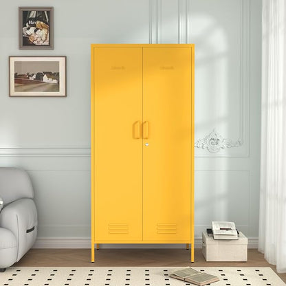 Industrial 67" Yellow Lockable Metal 2-Door Storage Cabinet, Multi-Purpose Wardrobe with Hanging Rod & Adjustable Shelves, Heavy Duty for Bedroom, Garage, Home Office 67"H X 31.5"W X 18.1"D