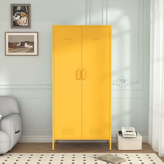 Industrial 67" Yellow Lockable Metal 2-Door Storage Cabinet, Multi-Purpose Wardrobe with Hanging Rod & Adjustable Shelves, Heavy Duty for Bedroom, Garage, Home Office 67"H X 31.5"W X 18.1"D