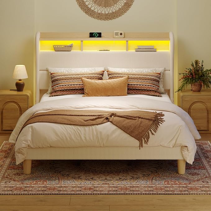 Bestier King Size Upholstered Wingback Bed Frame with 51” High Headboard Corduroy Fabric RGB LED Lights, Charging Station Dual Storage Shelves Modern Off White Platform Bed No Box Spring Needed