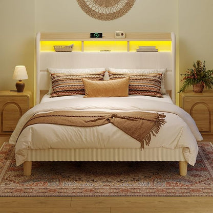 Bestier King Size Upholstered Wingback Bed Frame with 51” High Headboard Corduroy Fabric RGB LED Lights, Charging Station Dual Storage Shelves Modern Off White Platform Bed No Box Spring Needed