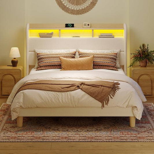 Bestier King Size Upholstered Wingback Bed Frame with 51” High Headboard Corduroy Fabric RGB LED Lights, Charging Station Dual Storage Shelves Modern Off White Platform Bed No Box Spring Needed