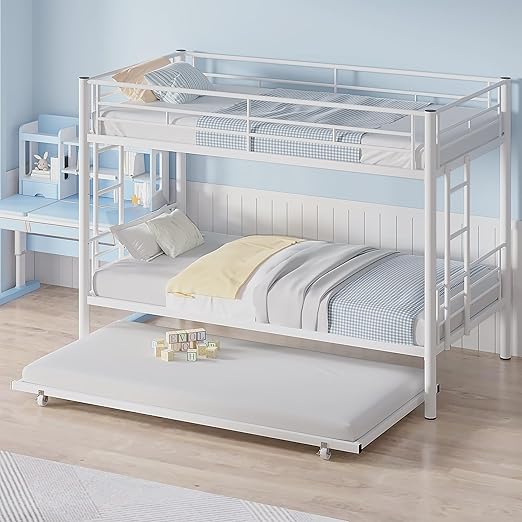 VECELO Twin Over Twin Bunk Bed with Trundle, Off White | Metal Bunkbeds, 2 Side Ladders, Full-Length Guardrail, Noise Free, No Box Spring Needed