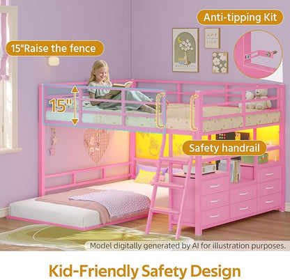 busyaeh Bunk Bed Full Over Twin,8 Drawer & 4 Shelve,15" H Safety Guardrail | Bunk Bed with Desk, Low bunk bed with LED Lights & Charging Station,L-Shaped Bunk Beds with Stairs,Girls bunk bed,Pink