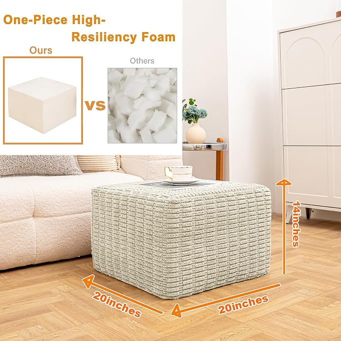 Asuprui Round Square Pouf Ottoman Foot Rest – Lightweight Modern Footstool with Plush Foam Filling, Perfect for Living Room Decor & Cozy Comfort – 20x20x14 Inch Chic Accent Piece (Cream)