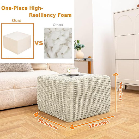 Asuprui Round Square Pouf Ottoman Foot Rest – Lightweight Modern Footstool with Plush Foam Filling, Perfect for Living Room Decor & Cozy Comfort – 20x20x14 Inch Chic Accent Piece (Cream)