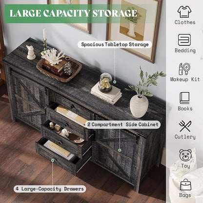 AMERLIFE 5-Piece Farmhouse Bedroom Furniture Set, Dresser & Nightstand Set of 2 with Storage Cabinet & Sideboard, Sliding Barn Door Wood Bedroom Set for Bedroom/Living Room, Black Oak