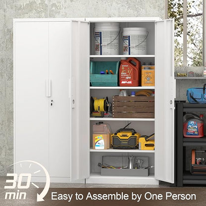 GREATMEET Metal Garage Storage Cabinets with Lock Door and Adjustable Shelves, 71'' x 32'' x 17'' White Steel Tool Cabinets for Home Office Warehouse
