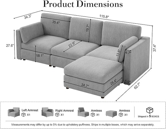 Oversized Modular Sectional Sofa L-Shaped Cloud Couches Gray | 116'' Deep Seat Couch for Living Room, 4-Seater Luxury Corner sofa with Ottoman, Solid Wood Frame, Removable Washable Cover