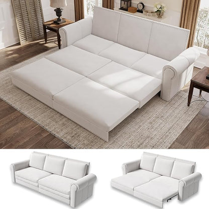 93.7" King Size Sleeper Sofa Bed, Pull Out Sofa Bed, Velvet Upholstery, 3 in 1 Convertible Sleeper Couch, Chaise Lounge, Retro Recliner for Living Room, Office, Apartment, Beige