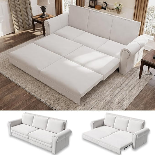 93.7" King Size Sleeper Sofa Bed, Pull Out Sofa Bed, Velvet Upholstery, 3 in 1 Convertible Sleeper Couch, Chaise Lounge, Retro Recliner for Living Room, Office, Apartment, Beige