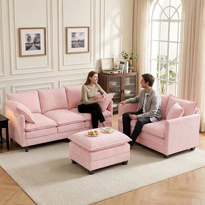 L-Shape Loveseat Sofa Couch with Ottoman, Small 50" Love Seat 27" Deep Cloud Sofa Washable Chenille Pillow for Apartment Bedroom Dorm Attic Studio Office Living Room Small Space 8833-PINK-L