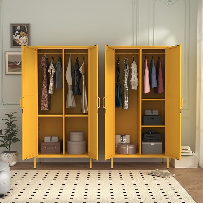 Lockable Closet Metal Wardrobe 67" Yellow 2 Door Wardrobe Bedroom Storage Cabinet Adjustable shelf Multi functional metal Storage Cabinet with hanging rail for domestic use 18.1" D x 31.5" W x 67" H