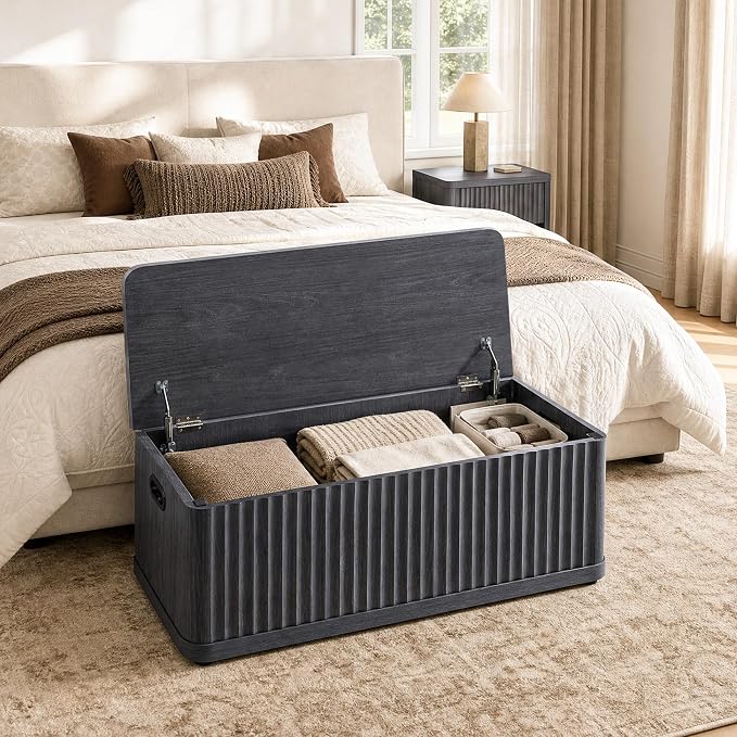 SICOTAS Storage Bench 40.2" Wide Shoe Bench with Lift Top Large Wooden Storage Chest Trunk Modern Blanket Chest with 2 Safety Hinges & Seating for Bedroom Entryway Living Room Hallway