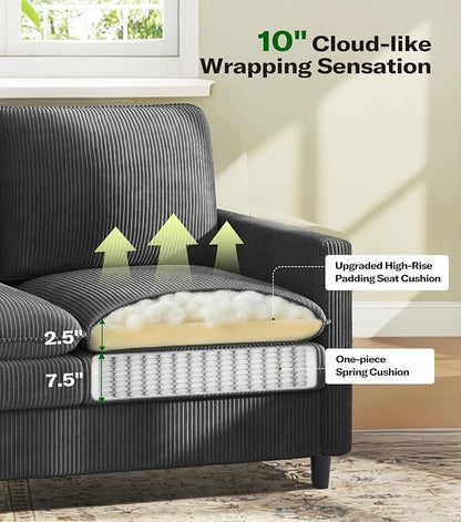 Welzona 3-Layers Cloud Loveseat Sofa, 51" Corduroy Small Couch for Living Room, Bedroom - Tool-Free Assembly Small Sofa - Grey - Futon Couch - Removable Washable Covers - 650lbs Capacity