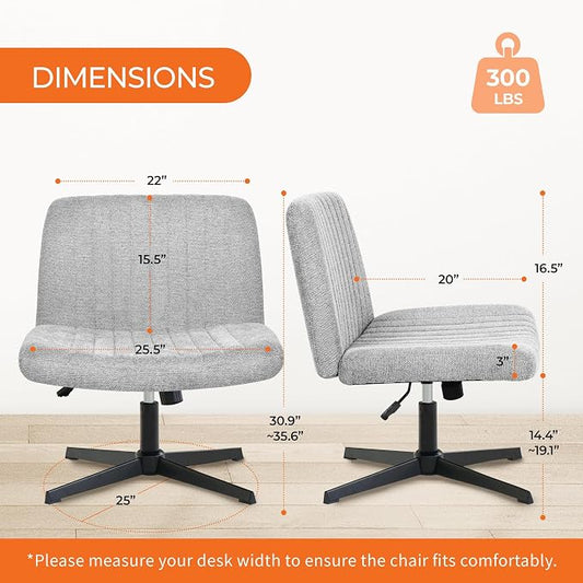 Orange Factory Criss Cross Chair No Wheel Wide Cross Legged Office Desk Vanity Chair Comfy Fabric Armless Adjustable Swivel for Home Computer Task (Grey No Wheel, Classic Fabric)
