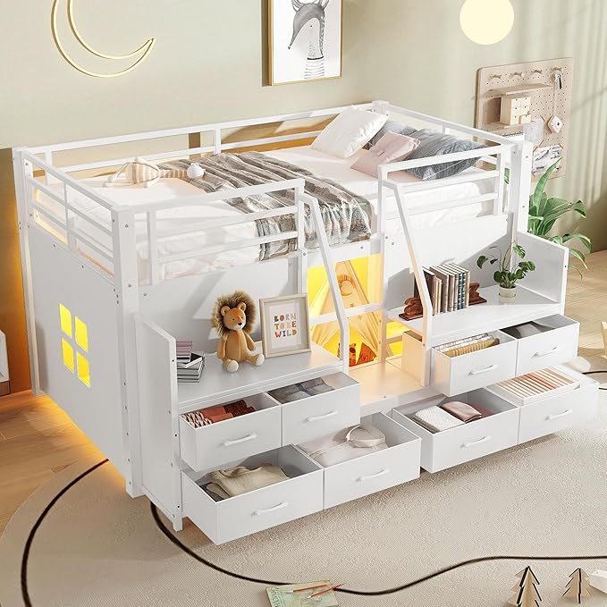 Bellemave Twin Size Low Loft Bed with 8 Fabric Storage Drawers for Kids,Metal Loft Bed Frame with Shelves and LED Lights for Boys Girls,Kids Loft Bed Twin Size,White