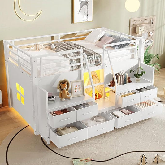 Bellemave Twin Size Low Loft Bed with 8 Fabric Storage Drawers for Kids,Metal Loft Bed Frame with Shelves and LED Lights for Boys Girls,Kids Loft Bed Twin Size,White