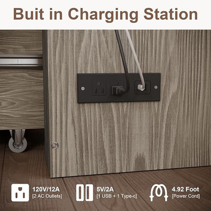KCGKCG Full Size Murphy Bed with Storage & Charging Station, Murphy Cabinet Bed with Large Drawer for Guest Bedroom, Living Room, Office or Small Room, Full Foldable Platform Bed (Grey, Full)