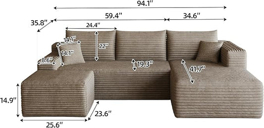 95" Cloud Boneless Sectional Sofa Couch with Chaise Lounge and Ottoman, Modern Corduroy Right Facing Modular Sectional Sofa Compressed Corner Couch with Deep Seat, No Assembly Required