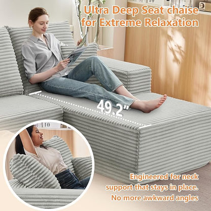 96" Modular Sectional Sofa, Modern Corduroy Cloud Couch with Deep Seat, Boneless Couch Upholstered 3-Seater L-Shaped Sofa for Living Room, No Assembly Required (Light Gray, Right-Facing Chaise)