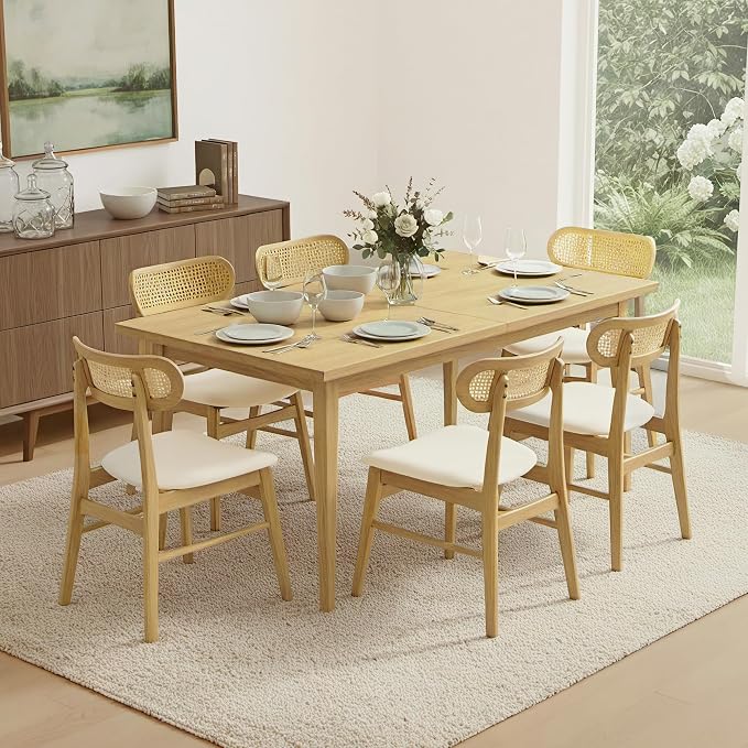 KISLOT Rattan Dining Chairs Set of 4, Upholstered Modern Dining Room Chairs, Mid Century Oak Wood Kitchen Chairs with Rattan Backrest for Farmhouse, Restaurant, Café (Cream Fabric & Original Color)