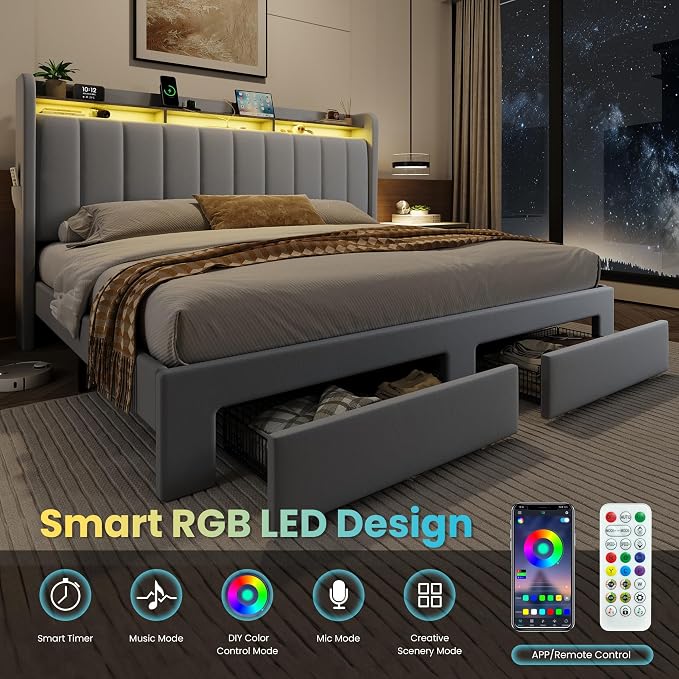 SHA CERLIN Velvet King Size Bed Frame with Vertical Channel Tufted Wingback Headboard & 2 Storage Drawers/2-Tier Shelves with LED Lights & Charging Station/Noise-Free/No Box Spring Needed/Light Grey