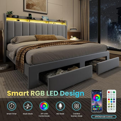 SHA CERLIN Velvet King Size Bed Frame with Vertical Channel Tufted Wingback Headboard & 2 Storage Drawers/2-Tier Shelves with LED Lights & Charging Station/Noise-Free/No Box Spring Needed/Light Grey