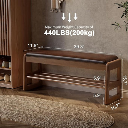 AQIMUELE Shoe Rack Bench,2 Tiers Shoe Bench with Storage with Flip-Top,Wood Shoe Rack for Entryway,Hallway（Dark Walnut Upholstered Seat,11.8" D x 39.3" W x 15.7" H）