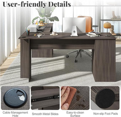 Giantex 66" L-Shaped Desk with Storage Drawers & Charging Station, Spacious Corner Computer Desk with Keyboard Tray, Adjustable Shelf, Cabinet, Huge Workspace Home Office Study Writing Desk (Grey Oak)