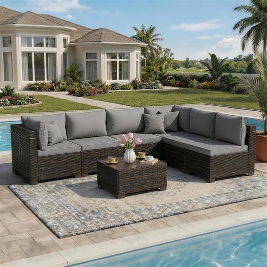 LAFWELL LEVELEVE 7 Pieces Outdoor Patio Furniture Sets,Rattan Conversation Sectional Set,Manual Weaving Wicker Patio Sofa with Tea Table