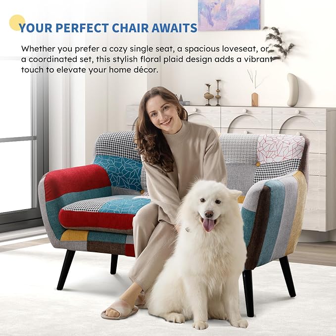 Bonzy Home Modern Colorful 2 Piece Coroful Fabric Sofa Set, Included Accent Chairs and Boho Loveseat Sofa, Linen Patchwork Plaid Couches with Rubberwood Legs and Removable Upholstered for Living Room