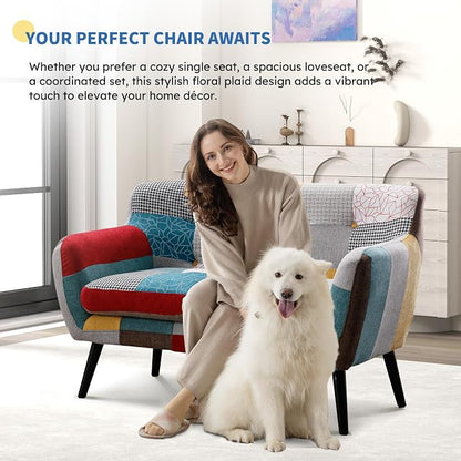 Bonzy Home Modern Colorful 2 Piece Coroful Fabric Sofa Set, Included Accent Chairs and Boho Loveseat Sofa, Linen Patchwork Plaid Couches with Rubberwood Legs and Removable Upholstered for Living Room