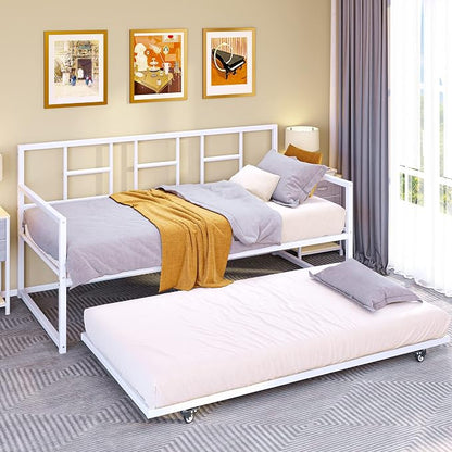 DWVO Daybed with Trundle, Adjustable Height Twin Daybed with Pull Out Trundle, Sofa Bed Couch with Heavy Duty Metal Slats, for Living Room, Bedroom, Guest Room, Space Saving, Modern White