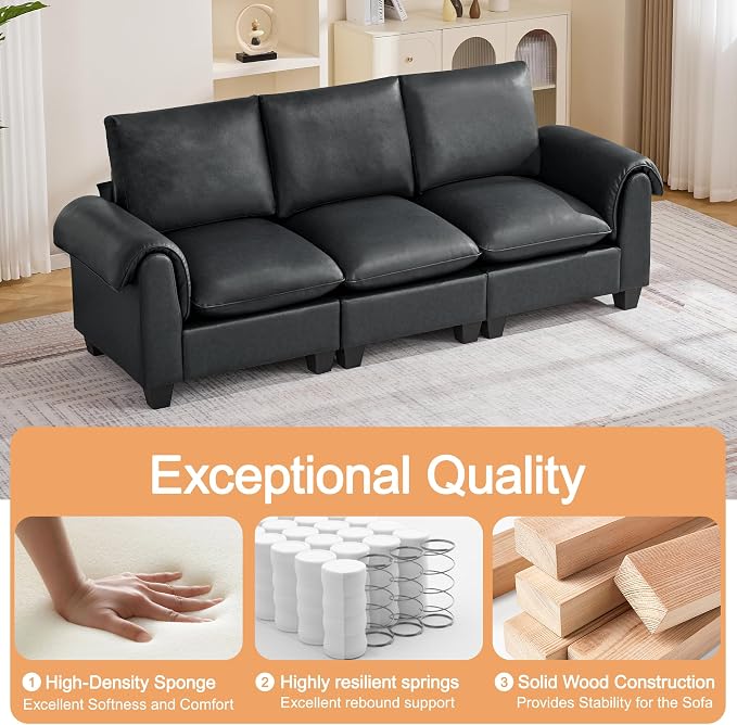 96" Faux Leather Modular Sectional Upholstered Sofa, Oversized 3 Seater Couch with Curved Armrests, Cloud Modern Upholstered Deep Seat Sofa for Living Room, Black