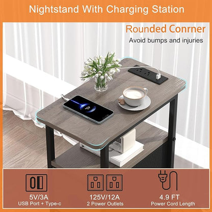 sthmec Narrow End Table with Charging Station, Narrow Side Table with 2 Fabric Drawers, LED End Table, Slim Nightstand with LED Light, Small Side Table for Small Spaces, Living Room, Bedroom, Grey