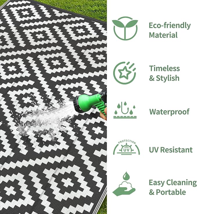 GENIMO 5'x8' Outdoor Rug Waterproof, Reversible Mats, Outdoor Area Rug, Plastic Outside Carpet, Geometric Rv Mat for Patio Camping Rv Picnic Backyard Deck Balcony Porch Beach Trailer (Black & White)