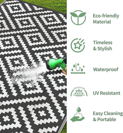 GENIMO 5'x8' Outdoor Rug Waterproof, Reversible Mats, Outdoor Area Rug, Plastic Outside Carpet, Geometric Rv Mat for Patio Camping Rv Picnic Backyard Deck Balcony Porch Beach Trailer (Black & White)