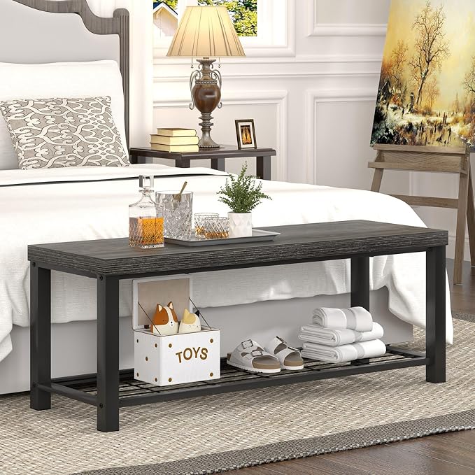 FOLUBAN Industrial Shoe Storage Bench for Entryway Hallway, Rustic Indoor Shoe Rack Bench Seat for Living Room Bedroom, 43.3 Inch Dark Gray