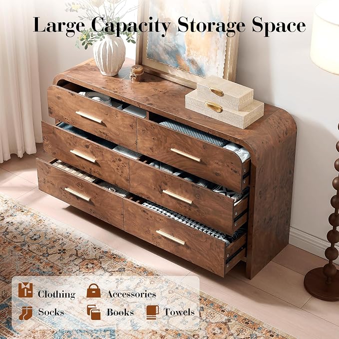 Curved 6 Drawer Dresser for Bedroom, 54'' Wide Chest of Drawers, Farmhouse Storage Cabinet for Hallway & Living Room TV Stand, FSC Certified 1.18" Thick Board, 100 lbs Top Weight, Dark Burl