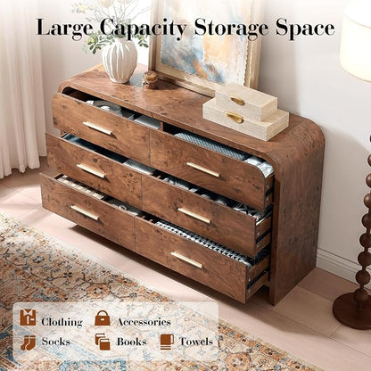 Curved 6 Drawer Dresser for Bedroom, 54'' Wide Chest of Drawers, Farmhouse Storage Cabinet for Hallway & Living Room TV Stand, FSC Certified 1.18" Thick Board, 100 lbs Top Weight, Dark Burl
