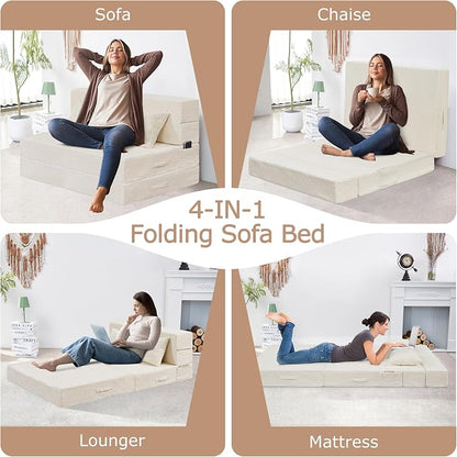 Folding Sofa Bed, 4 in 1 Convertible Sleeper Chair with Pillow, Twin Memory Foam Fold Out Chair Bed, Modern Floor Futon Sofa Couch Mattress for Living Room/Guest/Apartment, Beige