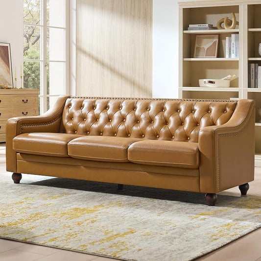 AMERLIFE 80" Leather Sofa, Modern Chesterfield Genuine Leather Sofa, Tufted 3 Seater Brown Leather Couch with Curved Arms, Leather Couches for Living Room