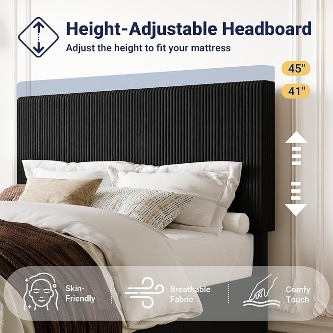 Allewie Full Bed Frame, Upholstered Platform Bed, Adjustable Vertical Channel Tufted Headboard, Corduroy Fabric, Modern Low Profile, Wooden Slats, No Box Spring Needed, Easy Assembly, Black
