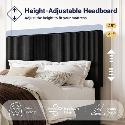 Allewie Full Bed Frame, Upholstered Platform Bed, Adjustable Vertical Channel Tufted Headboard, Corduroy Fabric, Modern Low Profile, Wooden Slats, No Box Spring Needed, Easy Assembly, Black