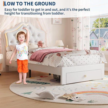 Twin Size Bed Frame for Girls with Storage Drawers & LED Lights, Upholstered Platform Bed, Velvet Crystal Button Princess Bed, Noise-Free Slats, No Box Spring Needed for Kids, Teens, White