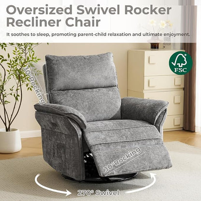 Swivel Rocker Recliner, Glider Recliner Nursery Chair with Massage and Heat, Power Nursery Rocking Chairs with Adjustable Headrest for Living Room，USB Ports,Side Pockets,Chenille Grey